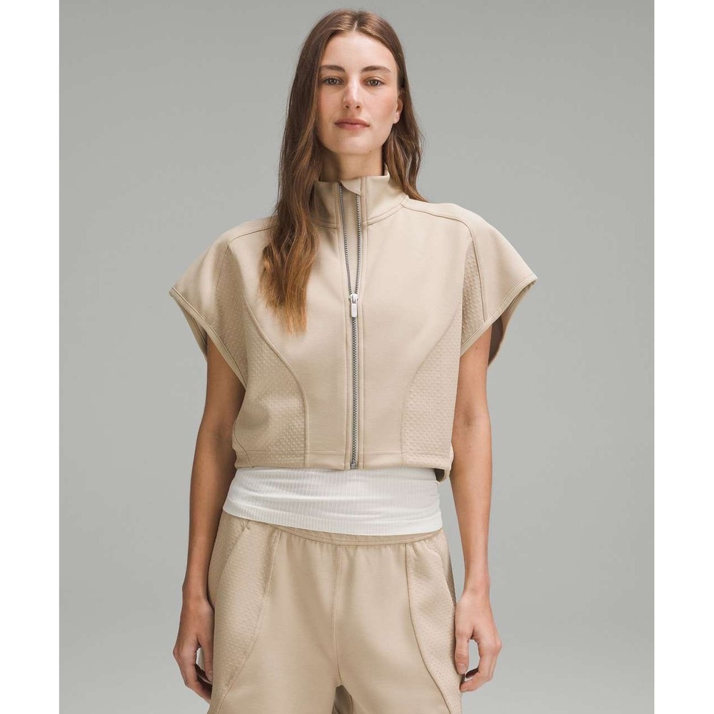 Lululemon Lab Cropped Full Zip Jacket Short Sleeve Tan Beige Oversized 10 12 EUC